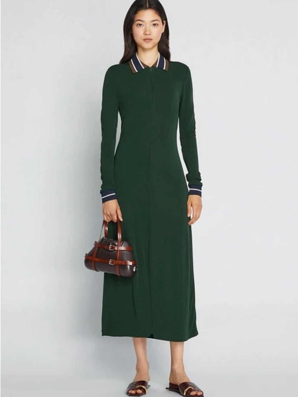 Tory Burch Forest Green Long-Sleeve Polo Midi Dress